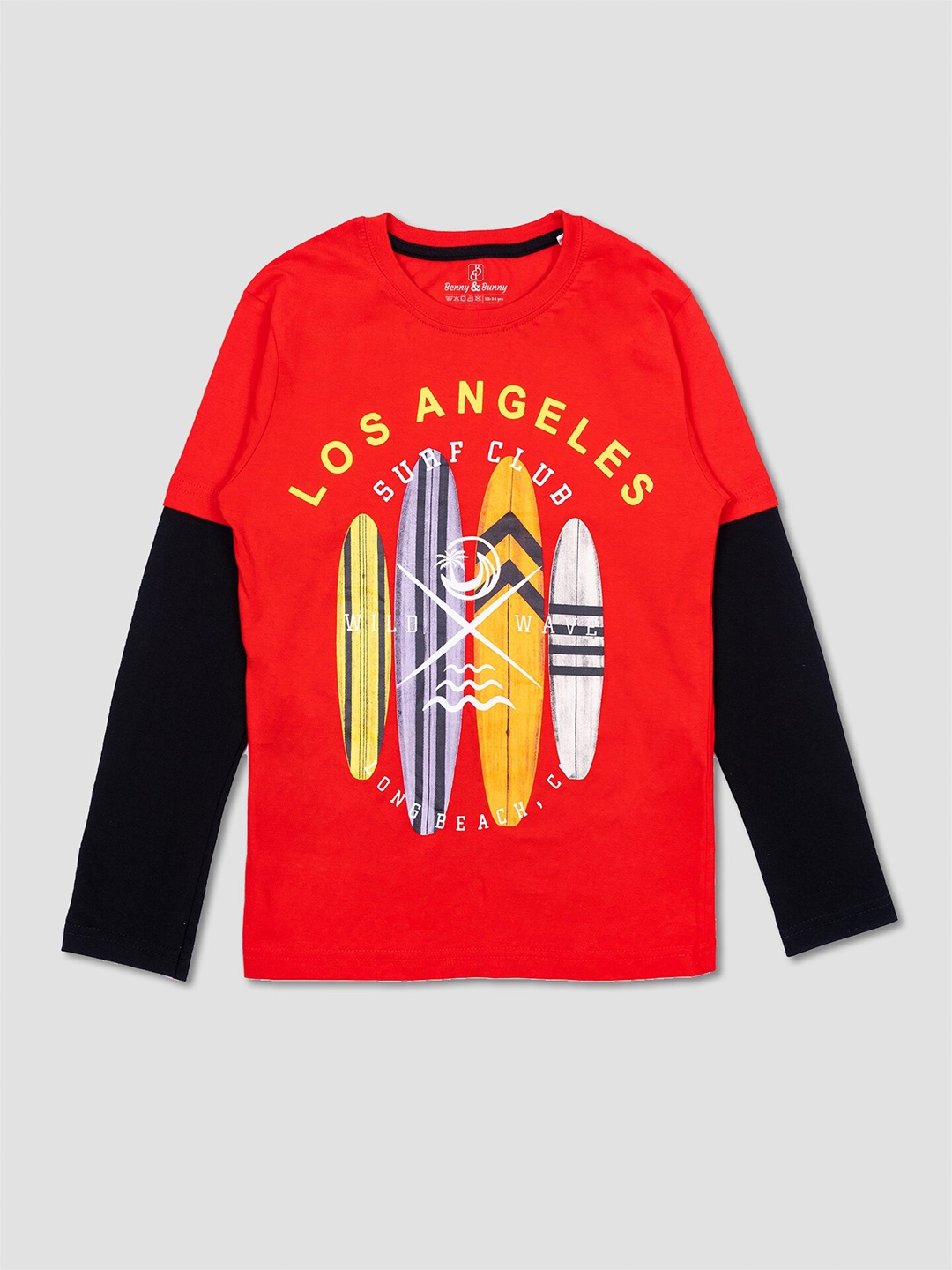 Benny n Bunny Boys Red & Black Typography Printed Pure Cotton T-shirt