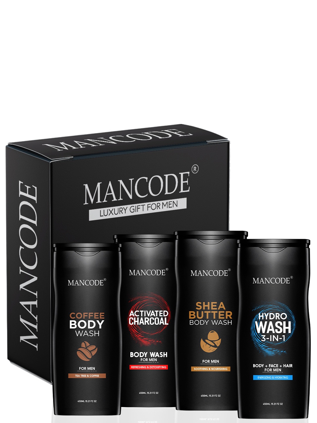 MANCODE Men Set of 4 Shea Butter, Charcoal, Coffee & Hydro (3 In 1) Body Wash, 450ml, Black
MANCODE Men Set of 4 Shea Butter, Charcoal, Coffee & Hydro (3 In 1) Body Wash, 450ml, Black