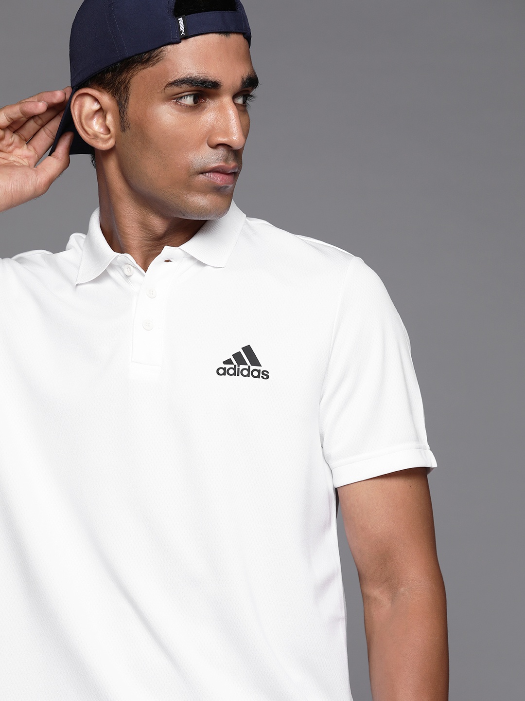 ADIDAS Men White & Black Brand Logo Printed M D2M Polo Collar T-shirt