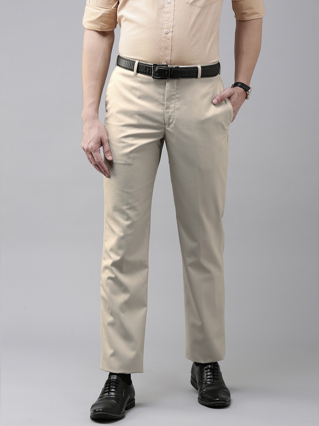 Park Avenue Men Beige Solid Wrinkle Free Formal Trousers