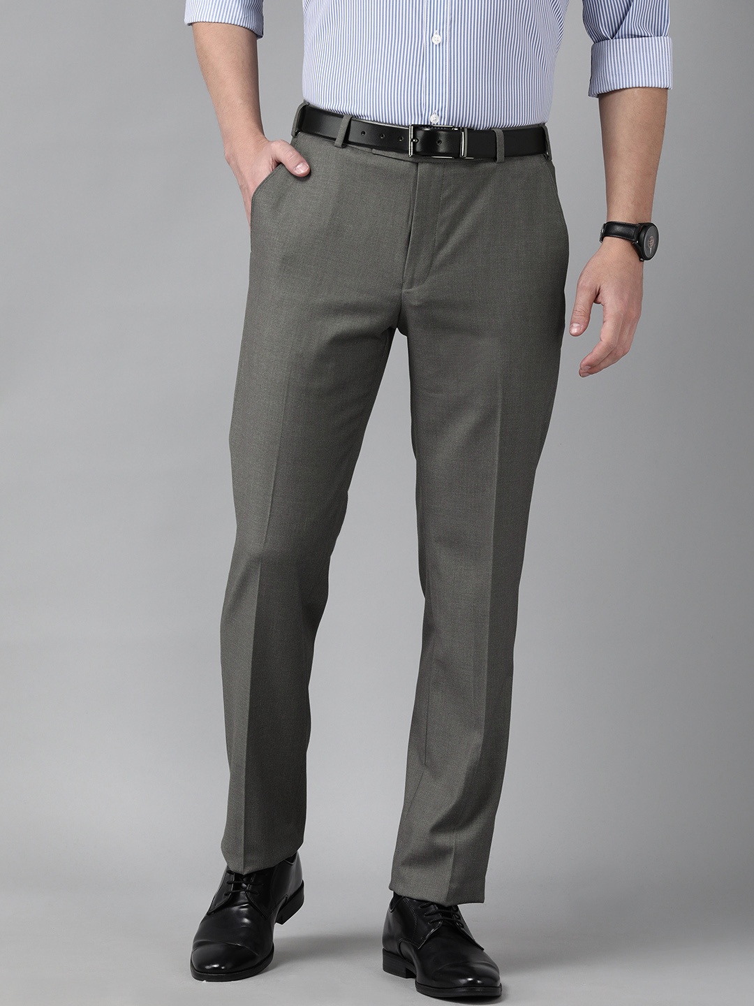Park Avenue Men Grey Solid Formal Trousers
