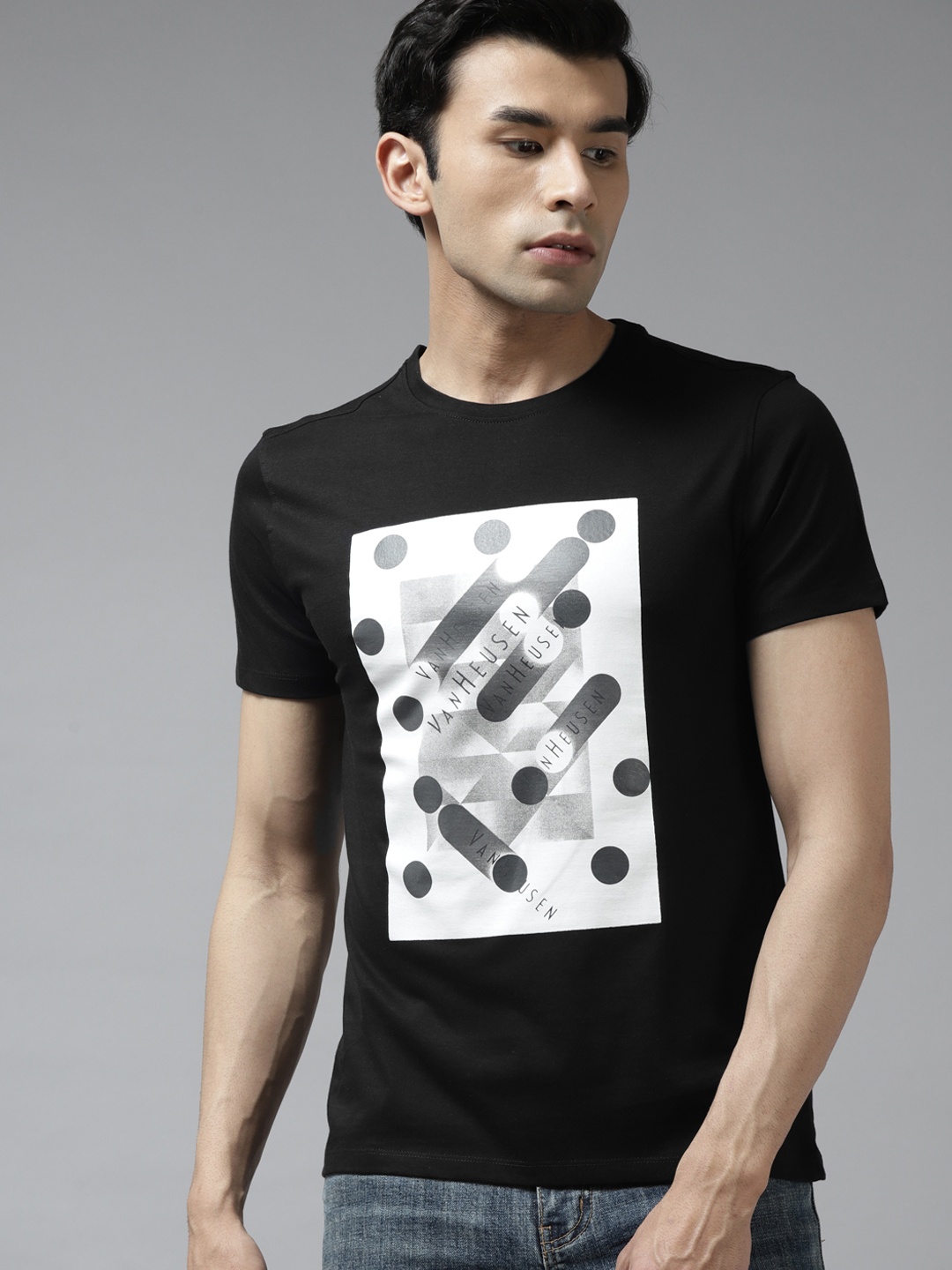 V Dot Men Black & White Brand Logo Printed Pure Cotton T-shirt
