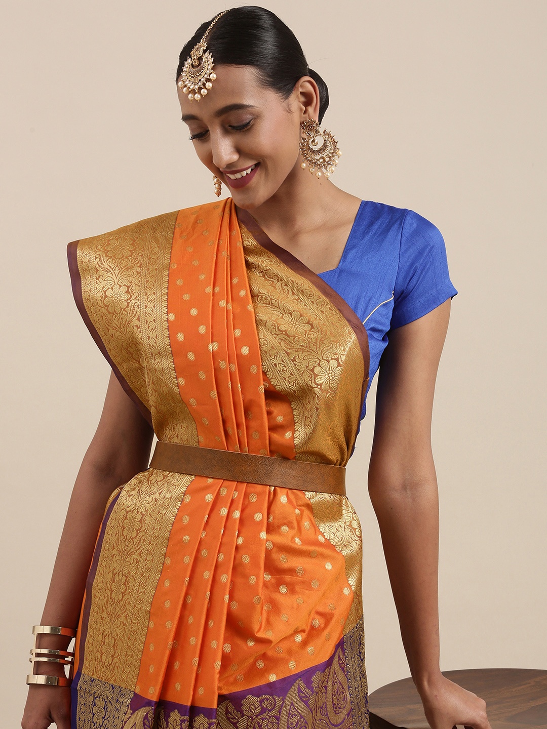 Mitera Orange & Golden Ethnic Motifs Woven Design Banarasi Saree