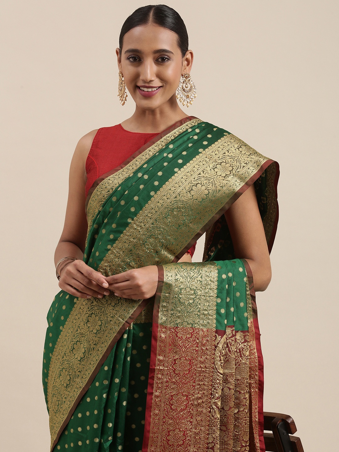 Mitera Green & Golden Ethnic Motifs Banarasi Saree