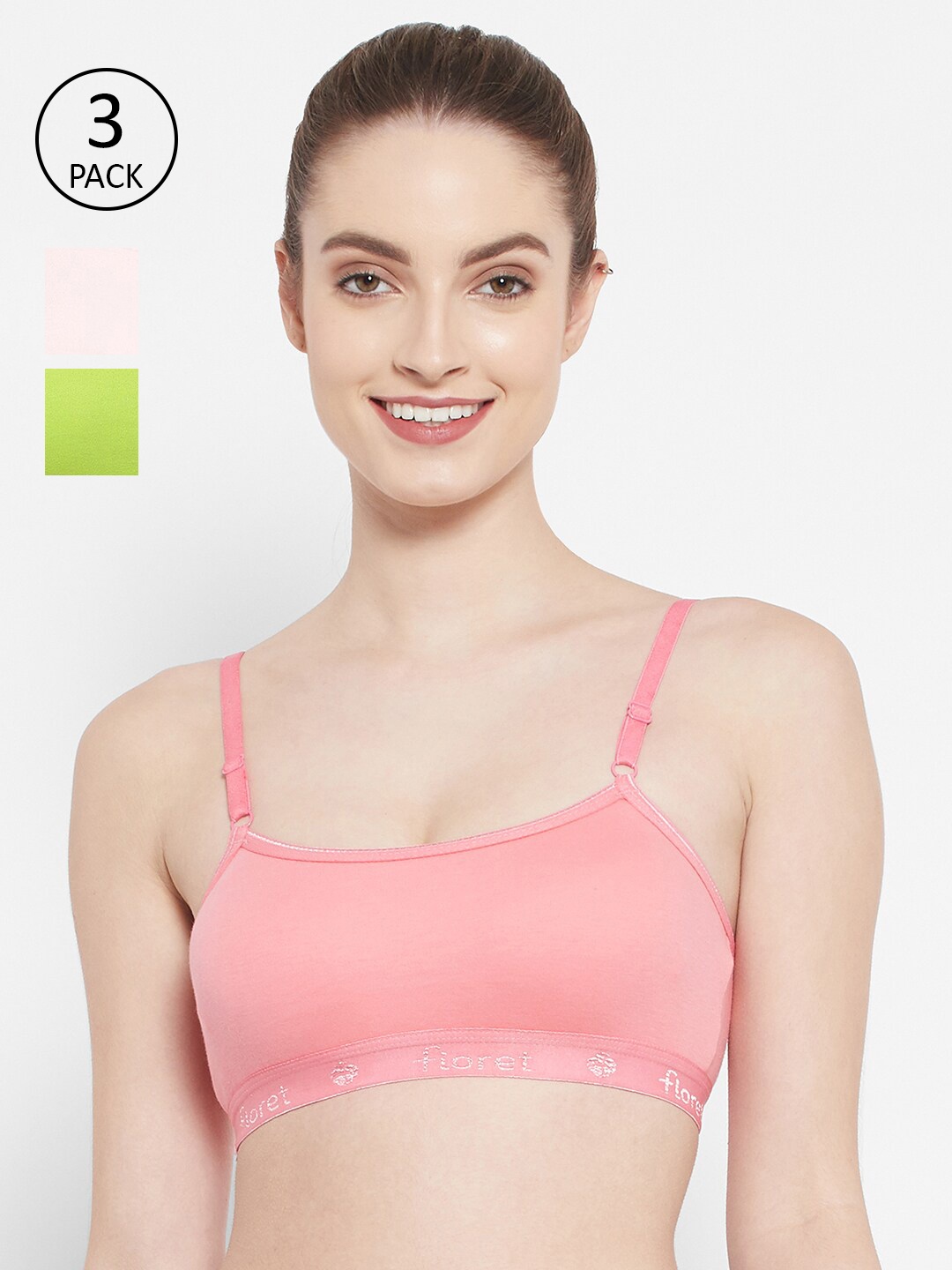 Floret Pack Of 3 Pink White and Lime Green Solid All Day Comfort Seamless Workout Bra
Floret Pack Of 3 Pink White and Lime Green Solid All Day Comfort Seamless Workout Bra