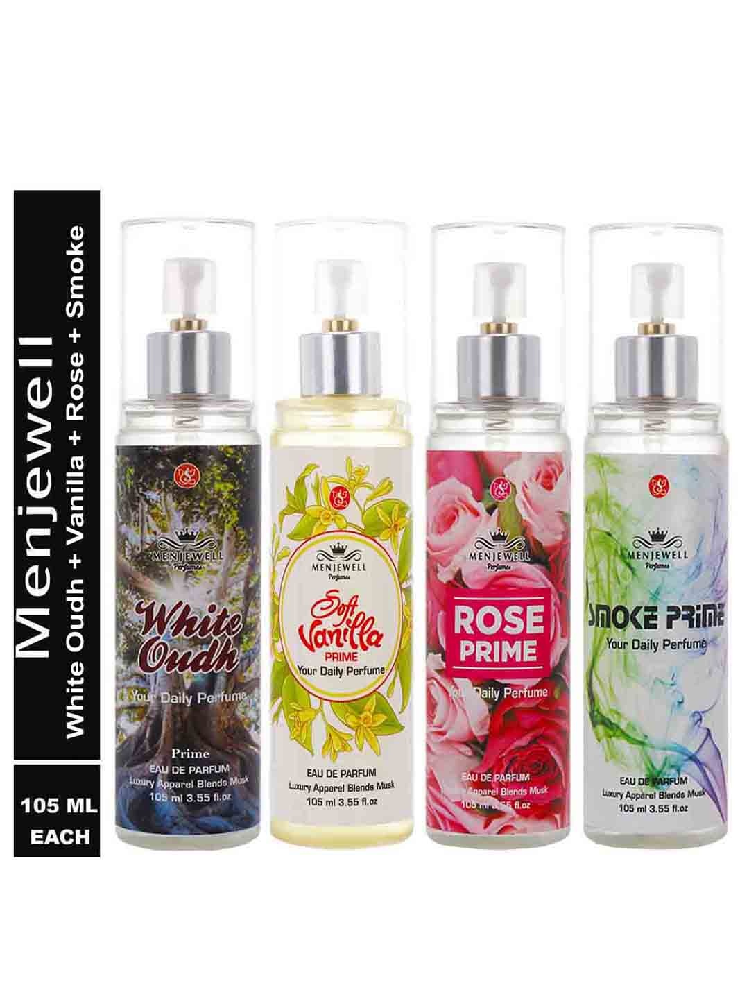 Menjewell Pack of 4 White Oudh Soft Vanilla Rose Smoke Eau de Parfum-105 ml each, Transparent
Menjewell Pack of 4 White Oudh Soft Vanilla Rose Smoke Eau de Parfum-105 ml each, Transparent