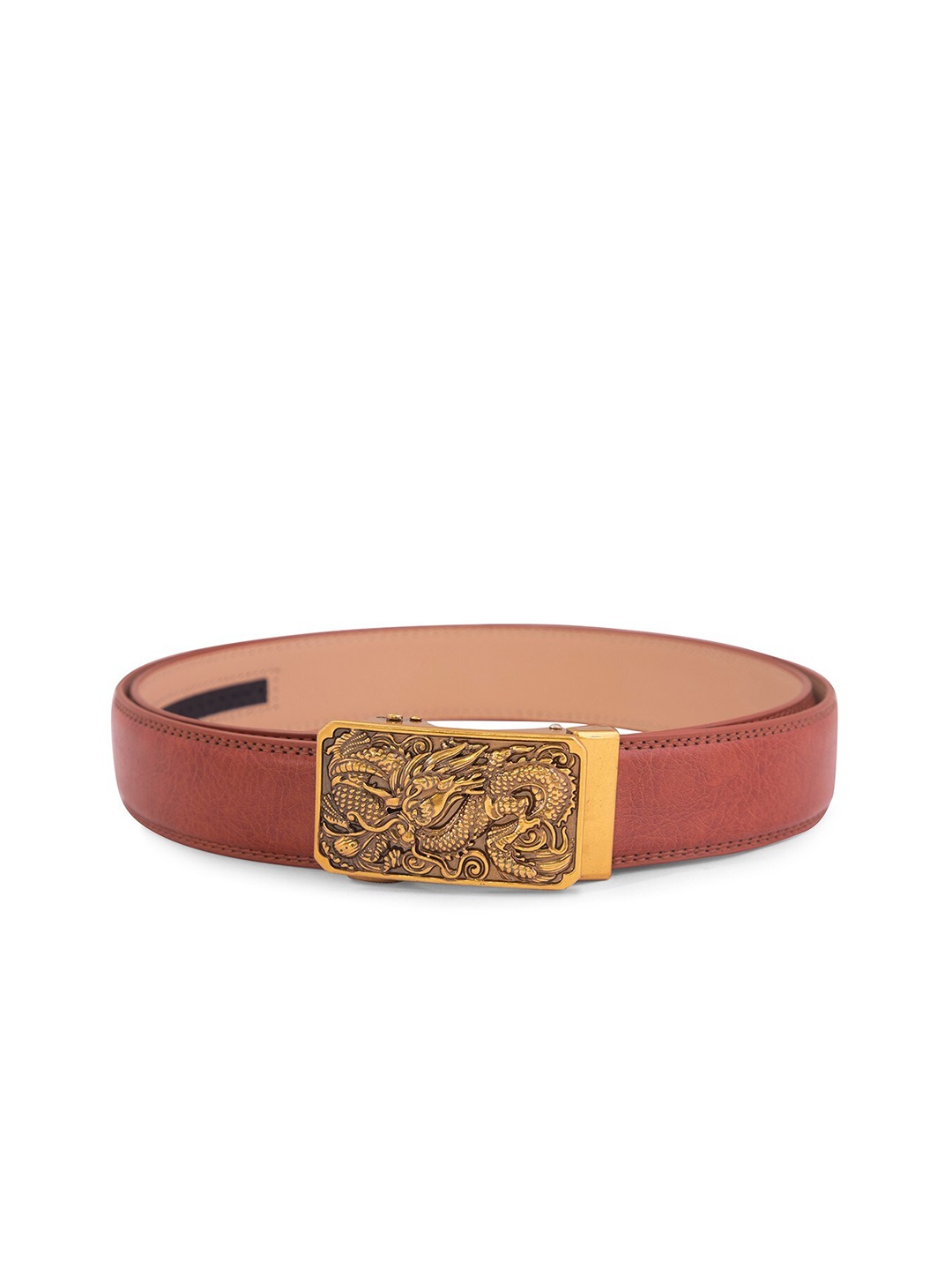 BANGE Men Brown & Gold-Toned Textured Genuine Leather Belt With Fire Dragon Design Buckle
BANGE Men Brown & Gold-Toned Textured Genuine Leather Belt With Fire Dragon Design Buckle