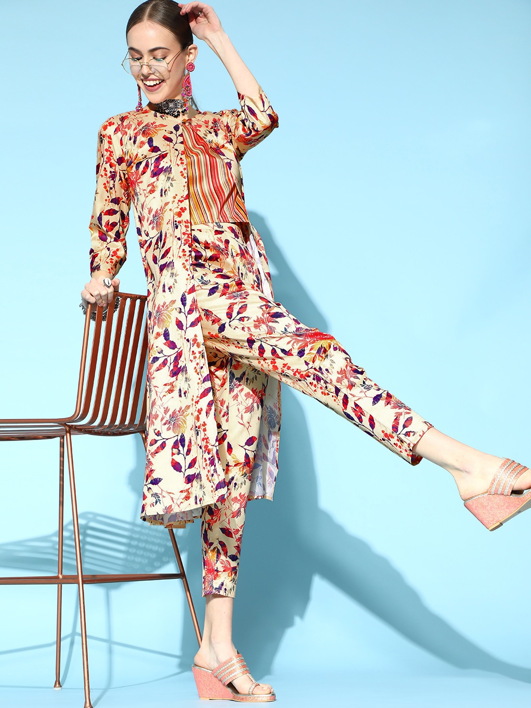 ZIYAA Women Beautiful Off-White Striped Top with Printed Trousers