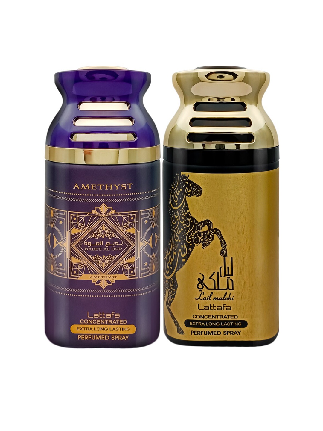 Lattafa Badee Al Oud & Lail Maleki Pack Of 2 Perfumed Body Spray Deodorant- 250ml each, Purple
Lattafa Badee Al Oud & Lail Maleki Pack Of 2 Perfumed Body Spray Deodorant- 250ml each, Purple