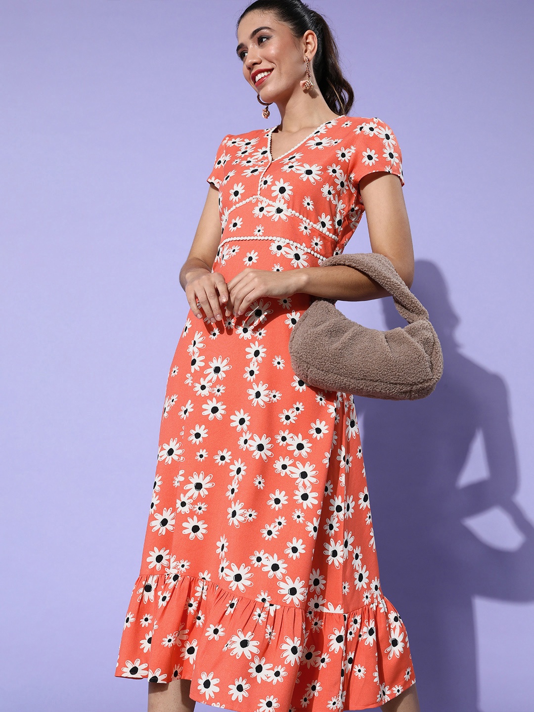 DressBerry Women Bright Orange Floral Vacay Attire Dress