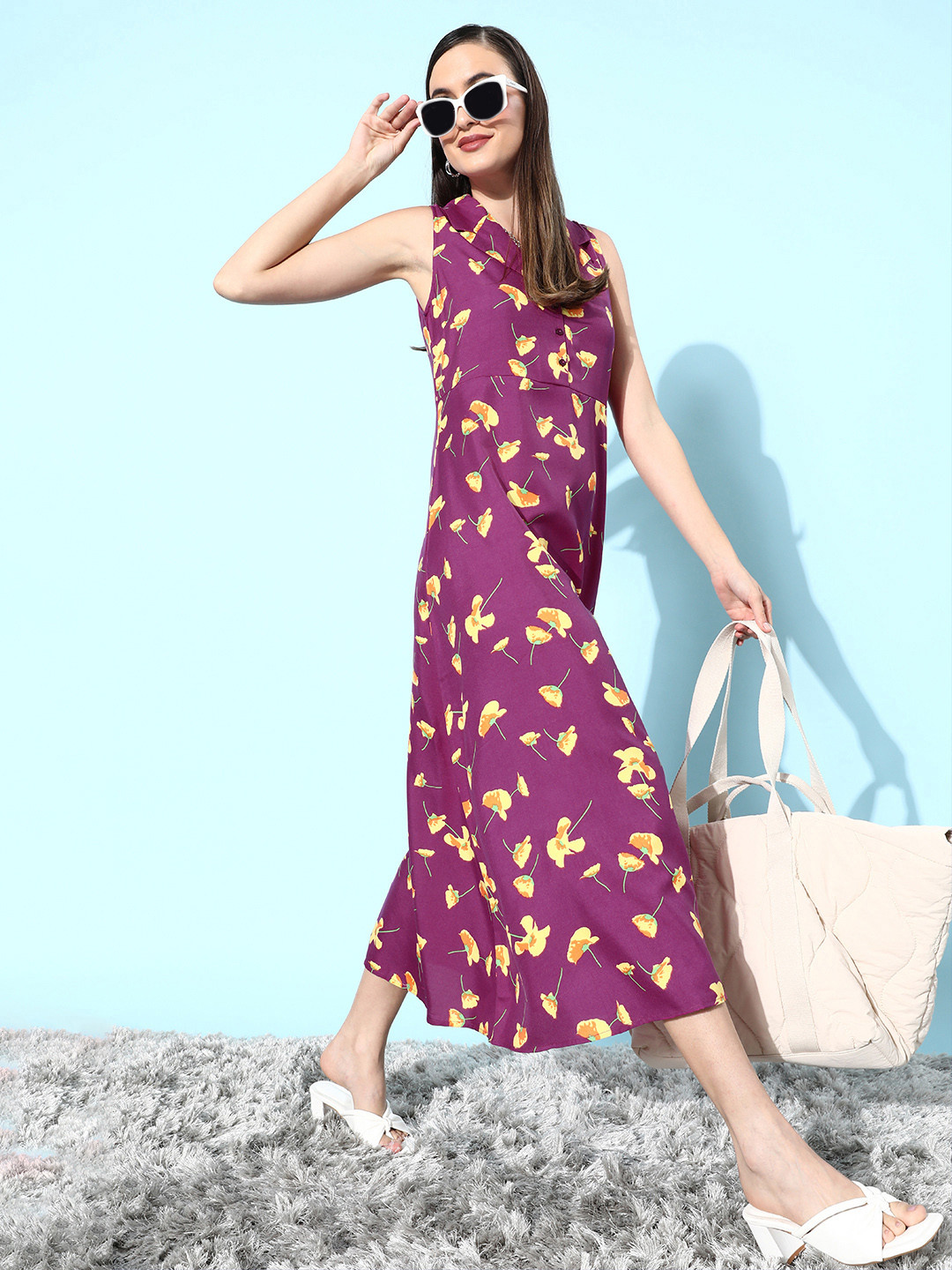 DressBerry Women Purple & Yellow Floral Printed A-Line Midi Dress 
DressBerry Women Purple & Yellow Floral Printed A-Line Midi Dress
