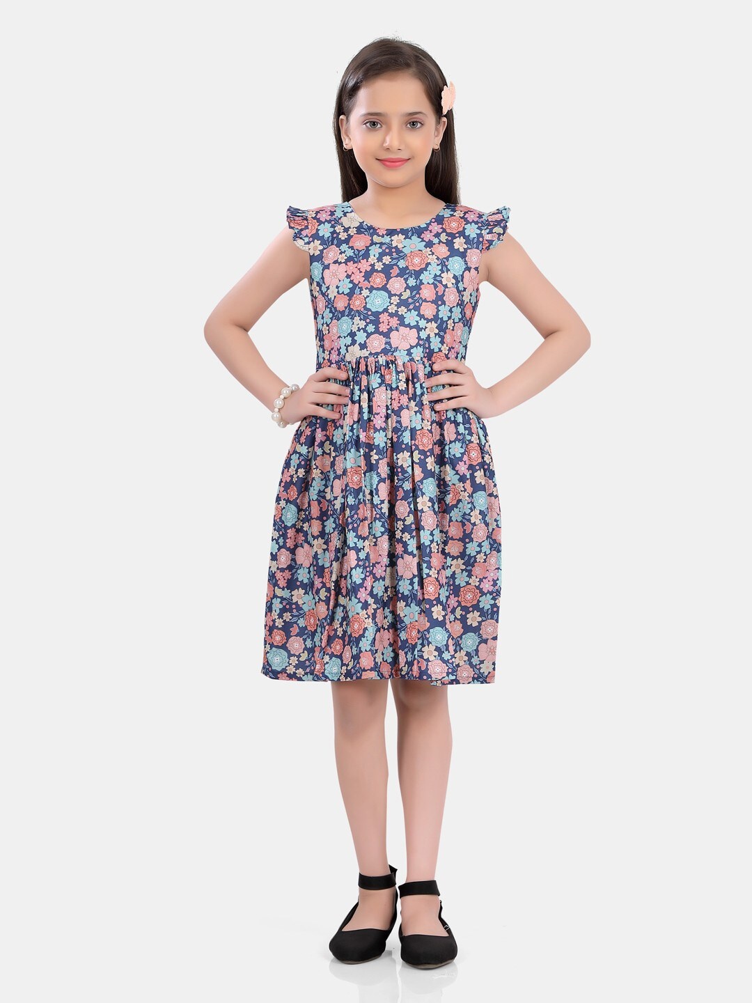 POPLINS Girls Blue Floral Printed Dress