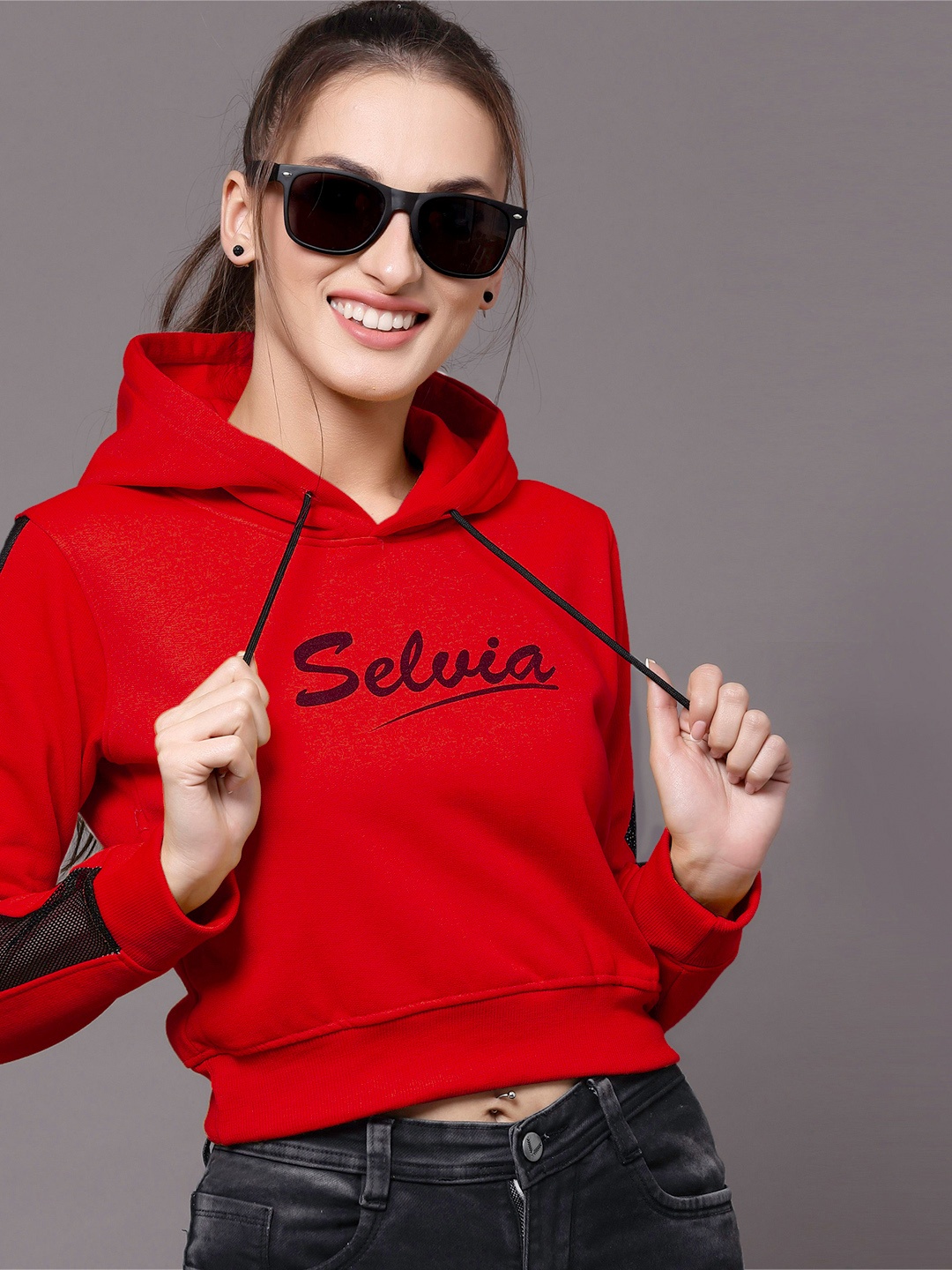 Selvia Women Red & Black Brand Logo Printed Hooded Sweatshirt