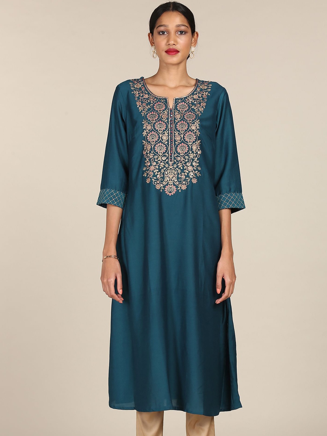 Anahi Women Teal Blue Ethnic Motifs Yoke Design Embroidered Zari Polyester A-Line Kurta
Anahi Women Teal Blue Ethnic Motifs Yoke Design Embroidered Zari Polyester A-Line Kurta