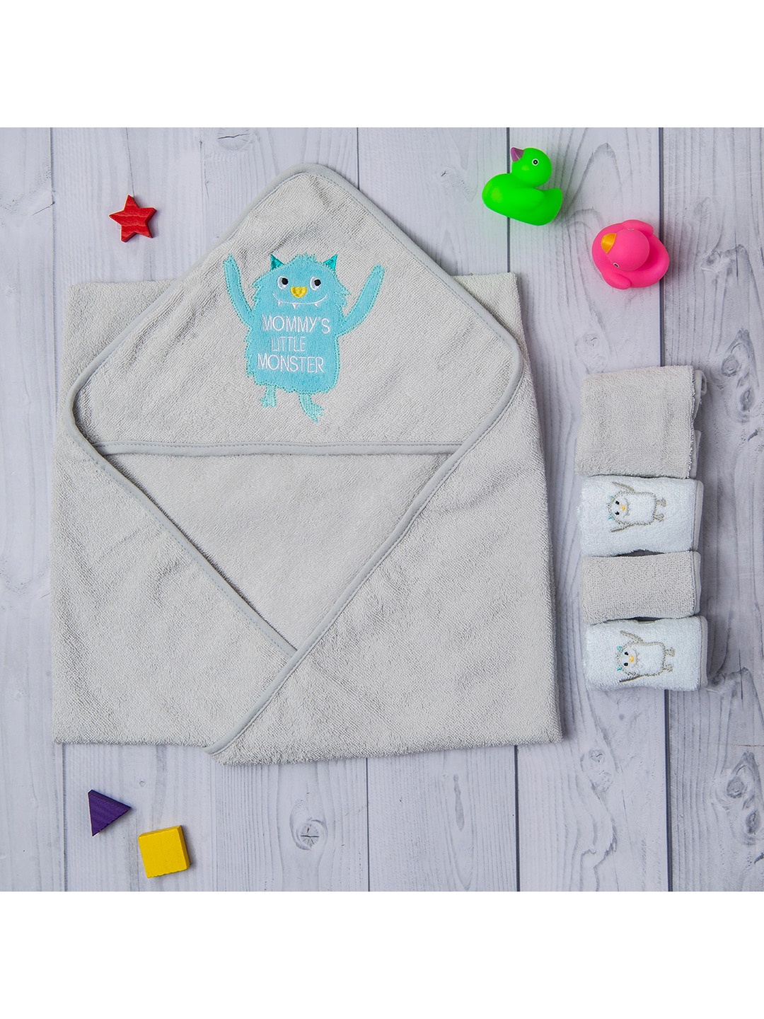 Baby Moo Infant Kids Grey & White Combo of 5 Little Monster Hooded Wrapper & Wash Cloth