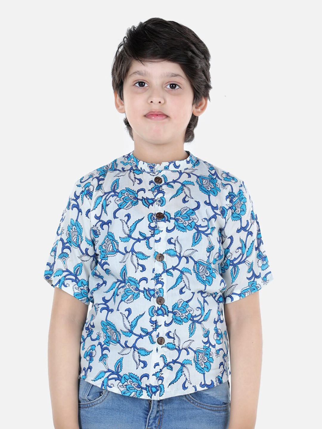Cutiekins Boys White & Blue Comfort Floral Print Casual Shirt