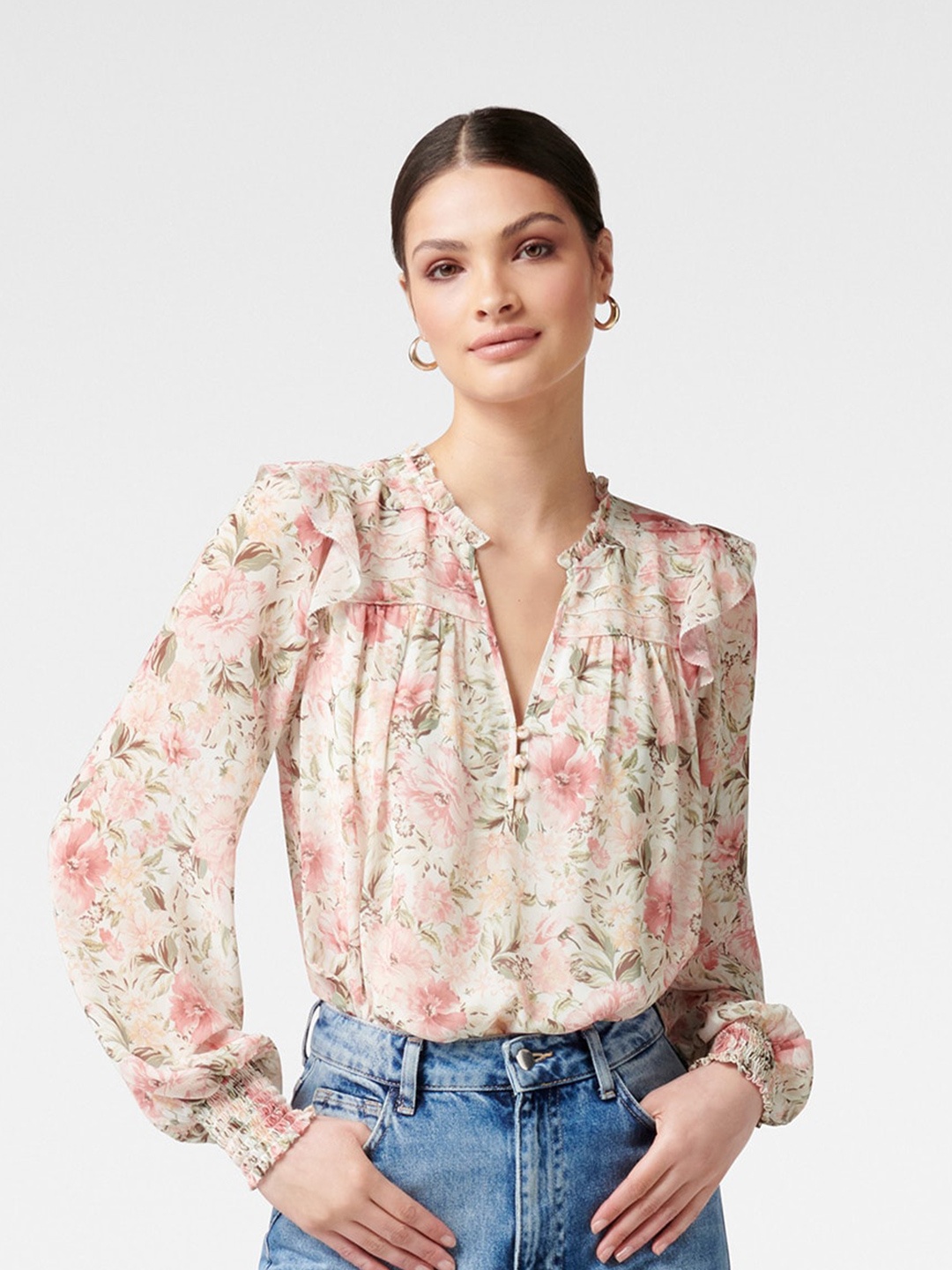 Forever New Pink Floral Print Mandarin Collar Bishop Sleeves Ruffles Top