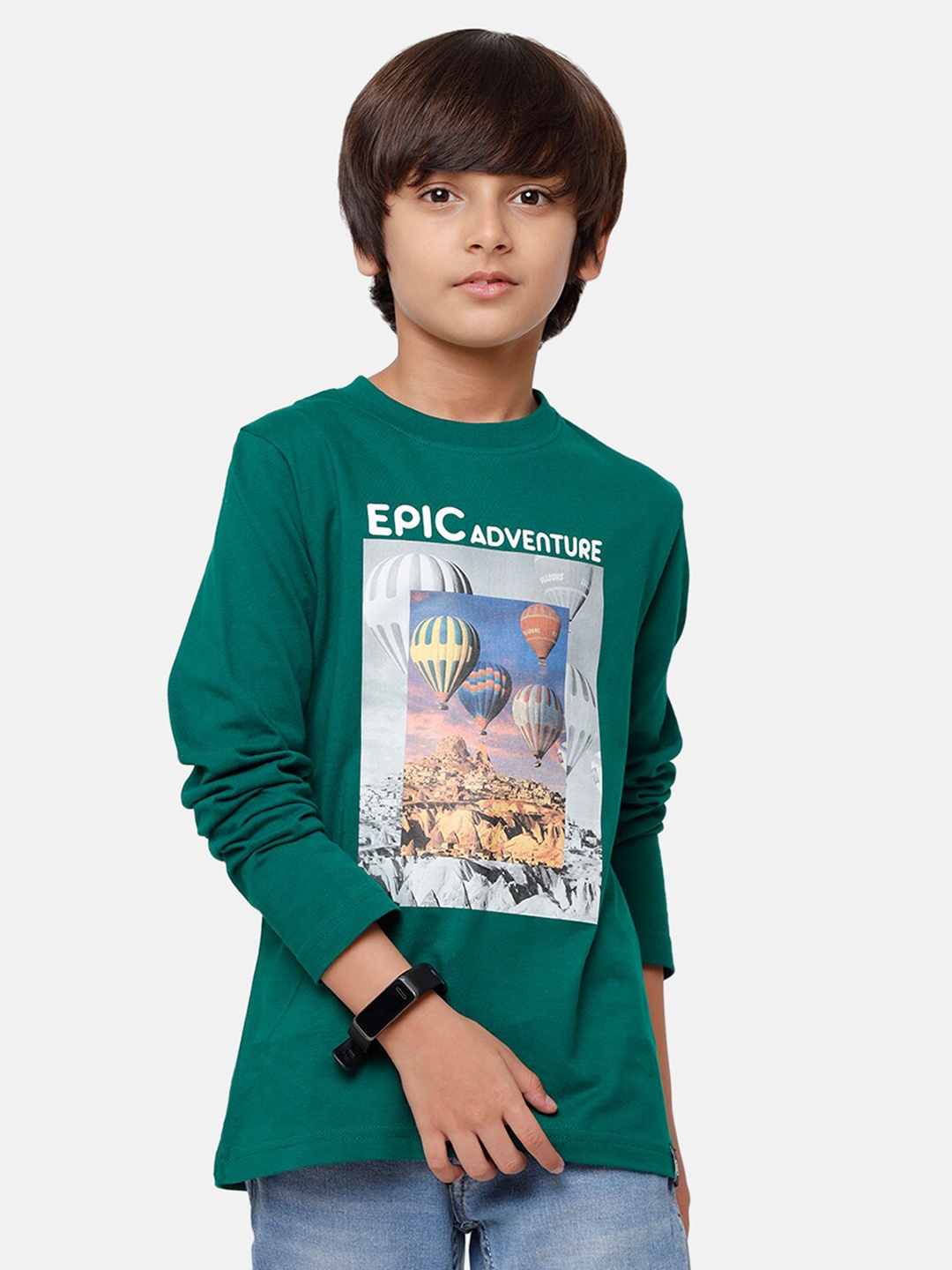 PIPIN Boys Green & White Graphic Print Pure Cotton T-shirt