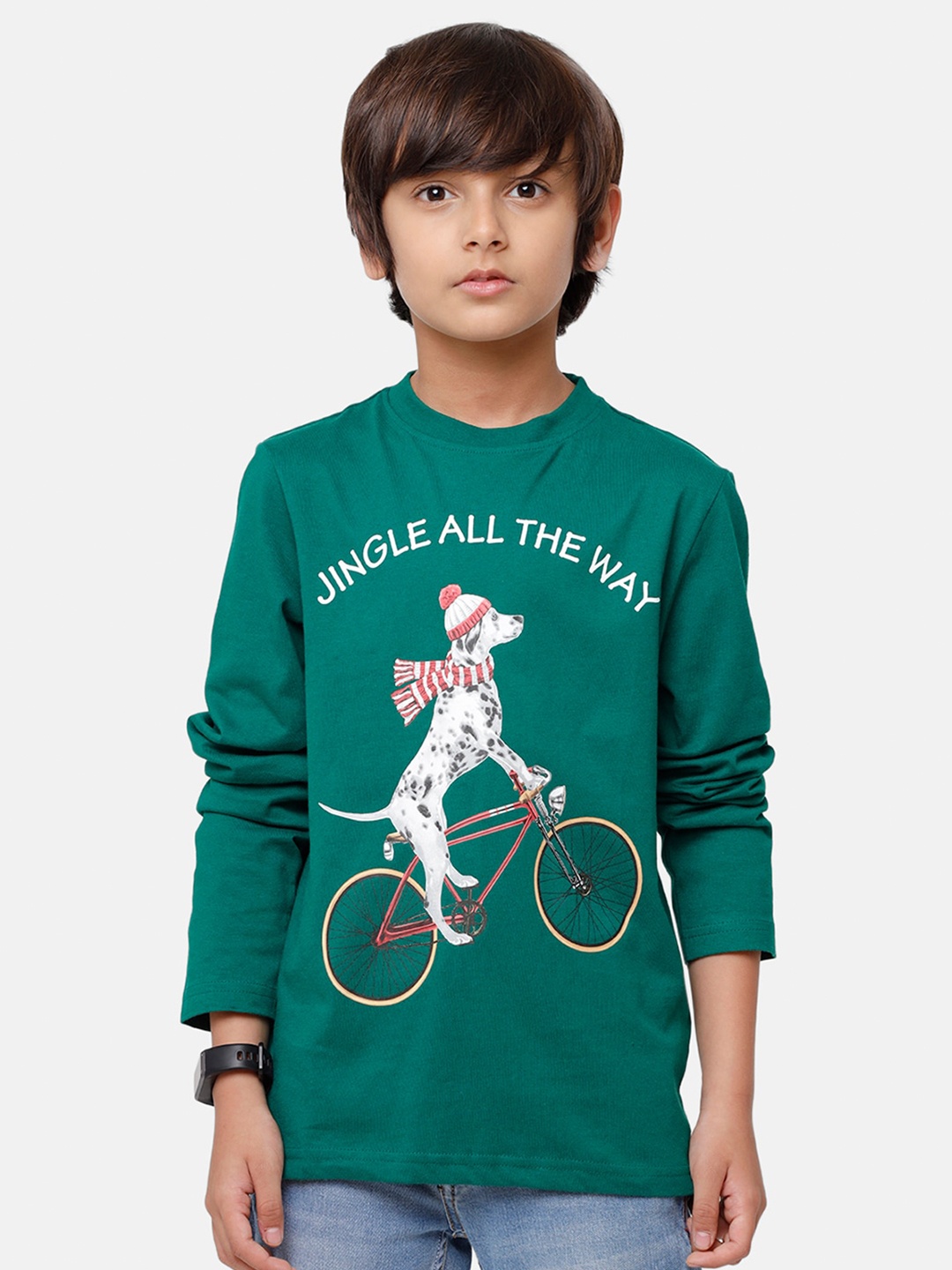 PIPIN Boys Green & White Typography & Dalmation Print Pure Cotton T-shirt