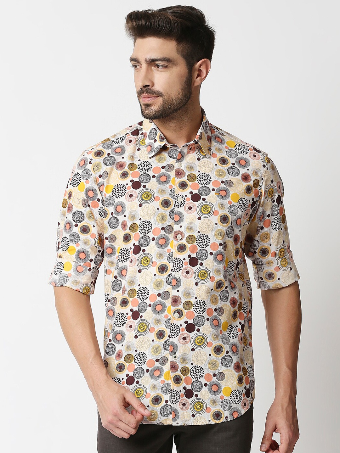 Basics Men Peach-Coloured & Yellow Cotton Slim Fit Geometric Print Casual Shirt
Basics Men Peach-Coloured & Yellow Cotton Slim Fit Geometric Print Casual Shirt