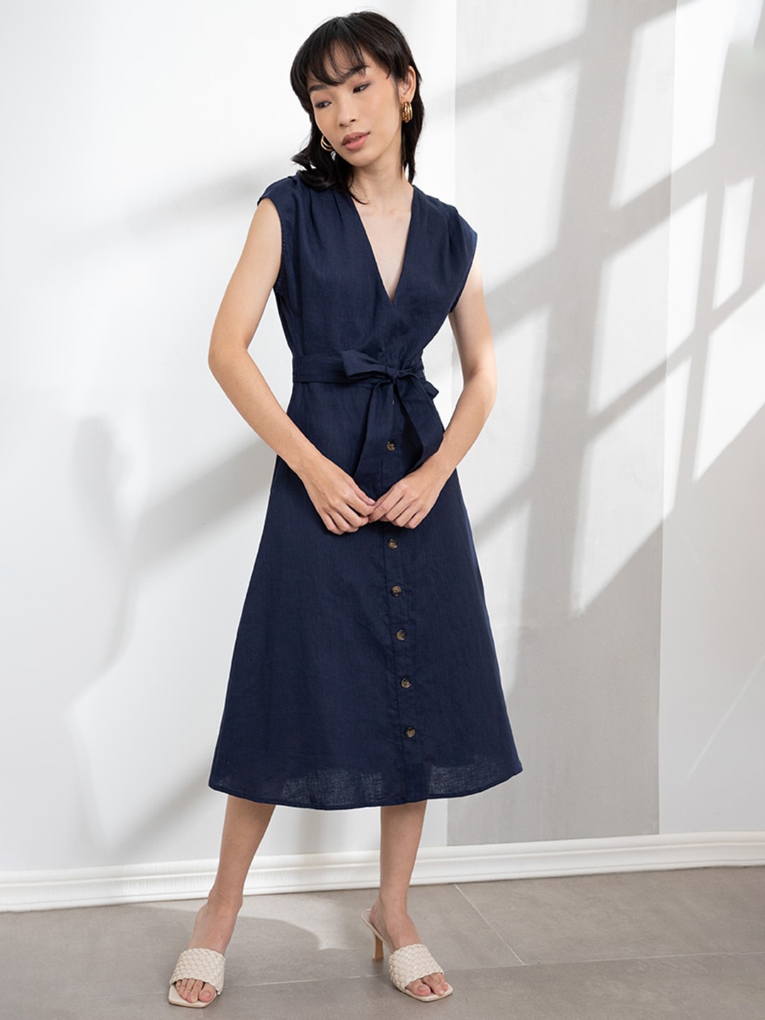 ORIGIN BY ZALORA Navy Blue Linen A-Line Maxi Dress