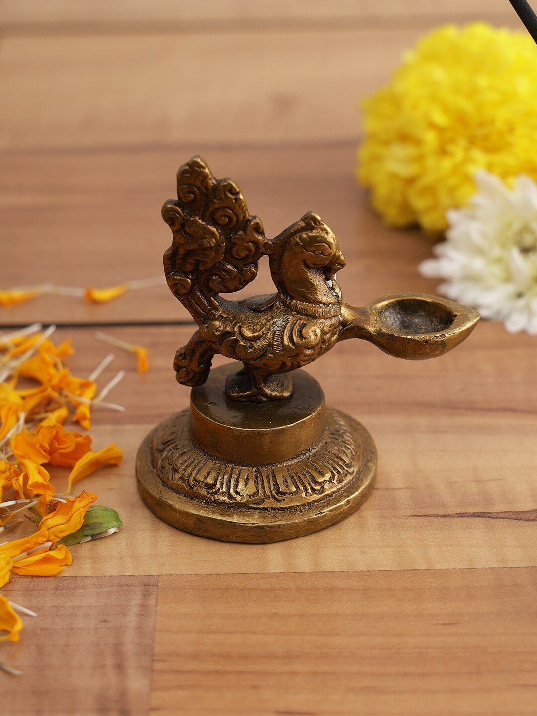 Aapno Rajasthan Brown Brass Peacock Oil Lamp