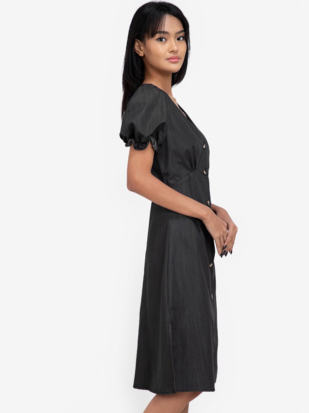 ZALORA BASICS Black V-neck Puff Sleeve A-Line Dress