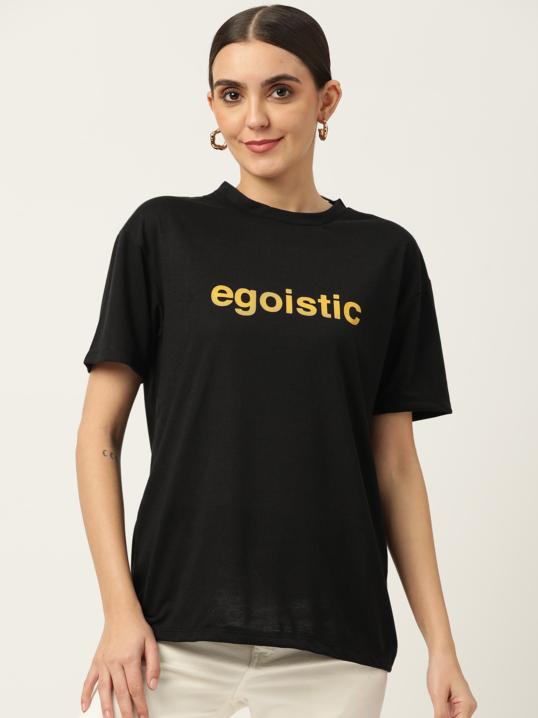 HILL STREET Women Black Printed Pure Cotton Oversized Outdoor T-shirt