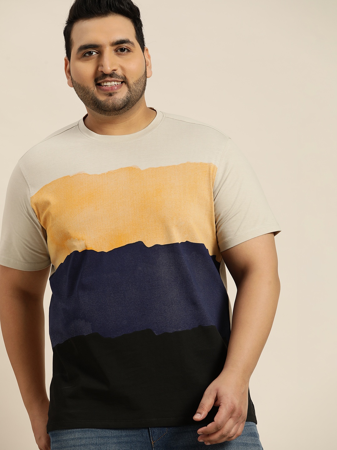 Sztori Men Plus Size Beige & Navy Blue Colourblocked T-shirt