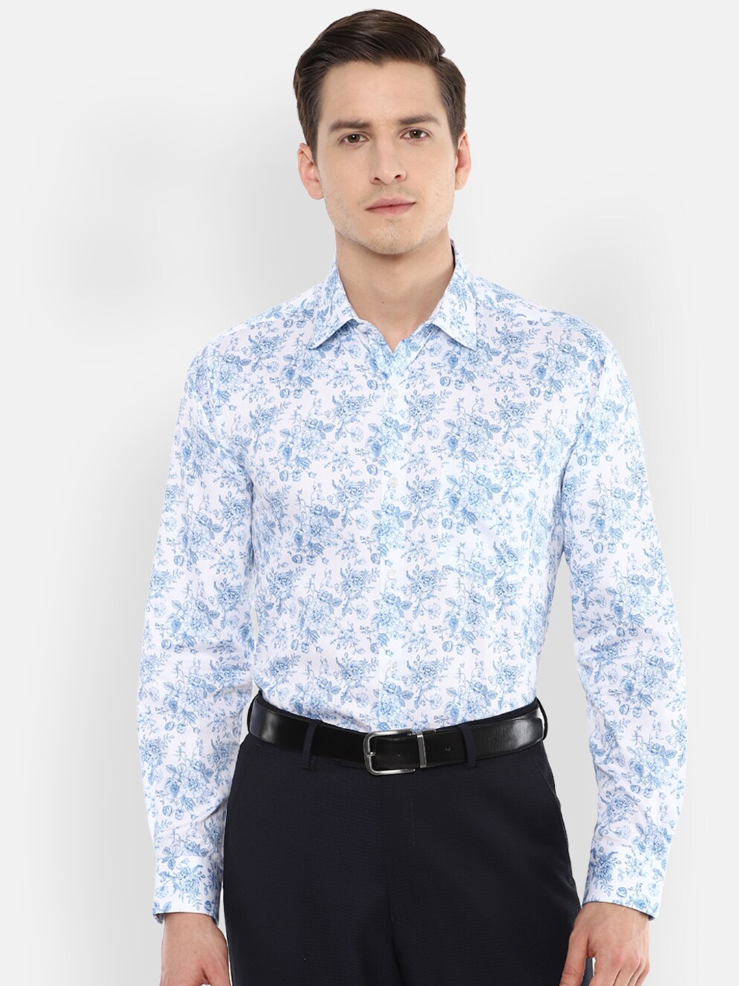 Van Heusen Men Blue Floral Printed Pure Cotton Formal Shirt