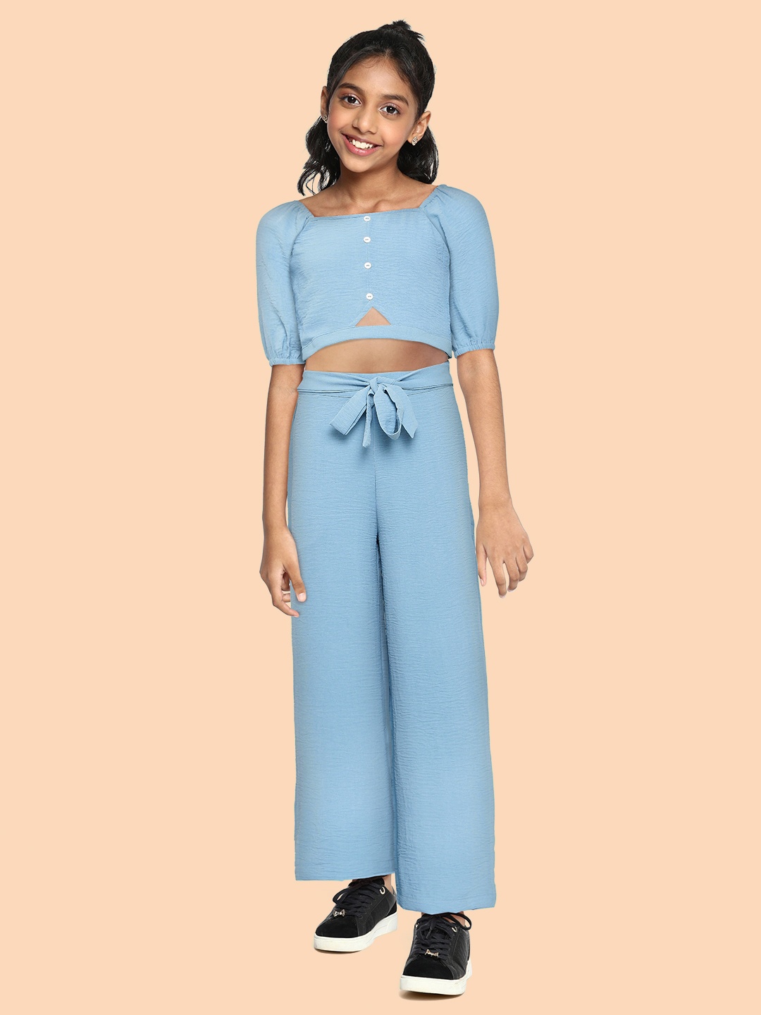 AND Girls Light Blue Solid Off-Shoulder Smocking Seersucker Bardot Top with Palazzos
AND Girls Light Blue Solid Off-Shoulder Smocking Seersucker Bardot Top with Palazzos