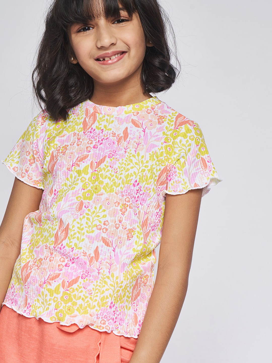 Global Desi Girls Pink & Yellow Floral Print Round Neck Regular Sleeves Top with Stripes
Global Desi Girls Pink & Yellow Floral Print Round Neck Regular Sleeves Top with Stripes