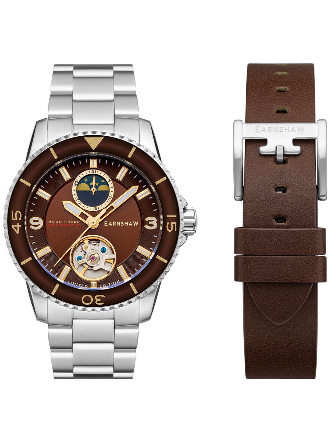 EARNSHAW Brown Dial & Silver Toned Stainless Steel Bracelet Style Watch & Additional Strap
EARNSHAW Brown Dial & Silver Toned Stainless Steel Bracelet Style Watch & Additional Strap