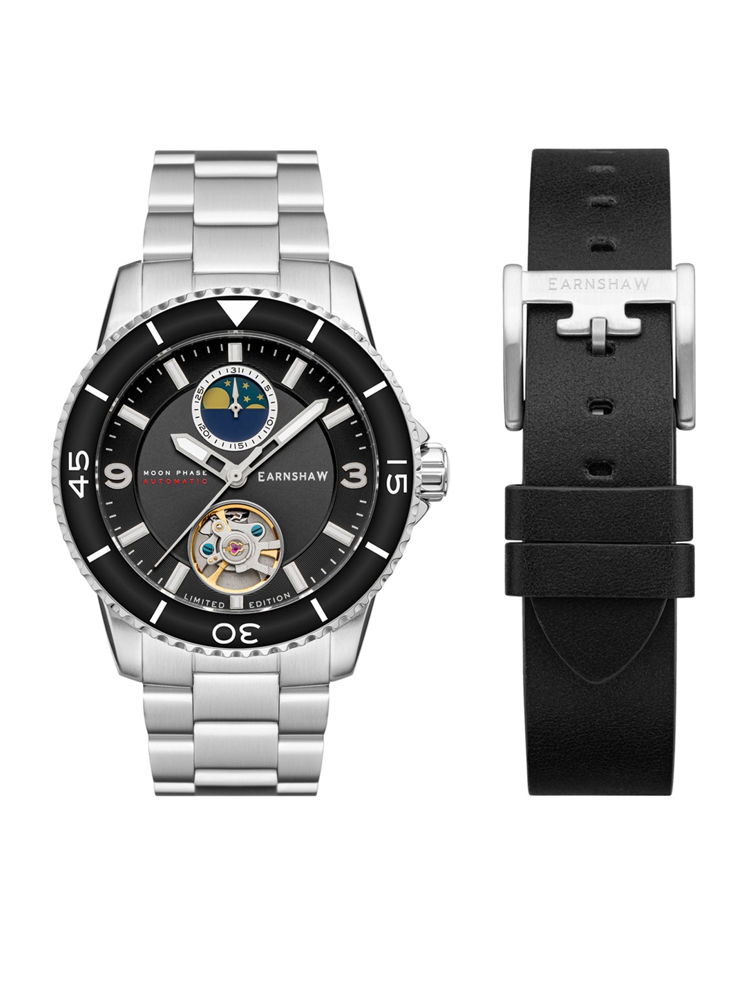 EARNSHAW Men Black Brass Dial & Silver Toned Stainless Steel Bracelet Style Straps Analogue Multi Function Watch ES-8210-11
EARNSHAW Men Black Brass Dial & Silver Toned Stainless Steel Bracelet Style Straps Analogue Multi Function Watch ES-8210-11