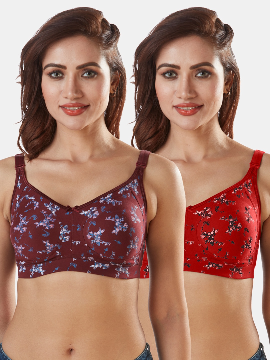 Sonari Pack Of 2 Brown & Red Floral Cotton Blend T-Shirt Bras bestiemaroonred32C