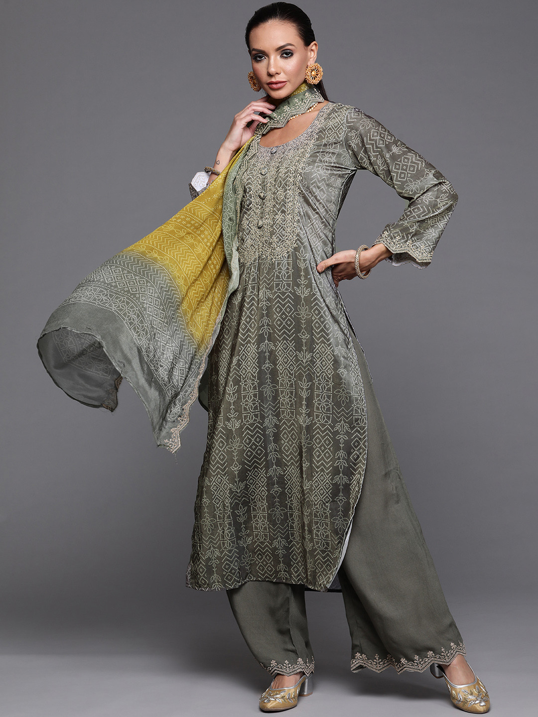 Indo Era Women Grey & White Embroidered Velvet Bandhani Kurta & Palazzos With Dupatta
Indo Era Women Grey & White Embroidered Velvet Bandhani Kurta & Palazzos With Dupatta
