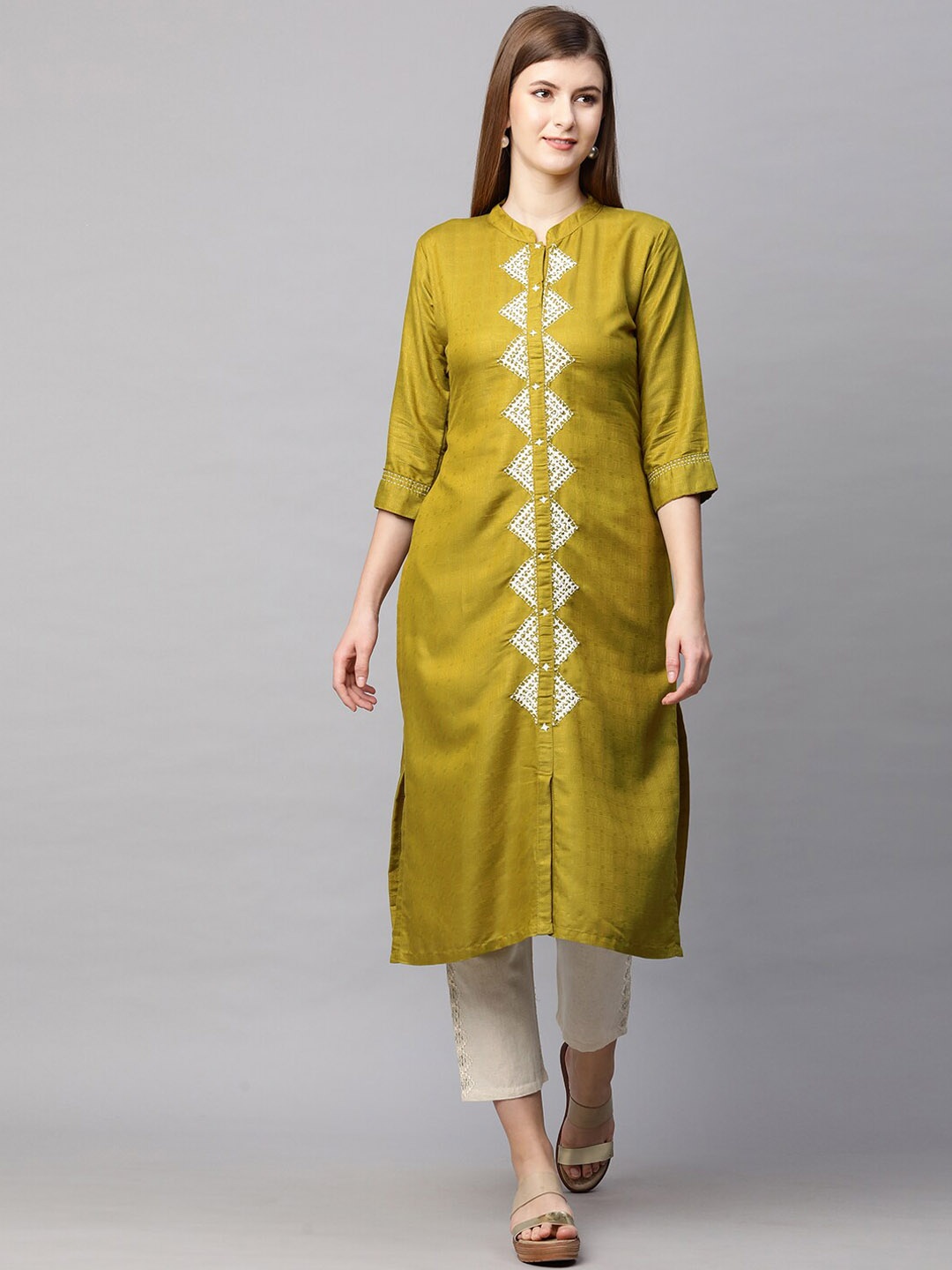 FASHOR Women Lime Green Floral Embroidered Kurta