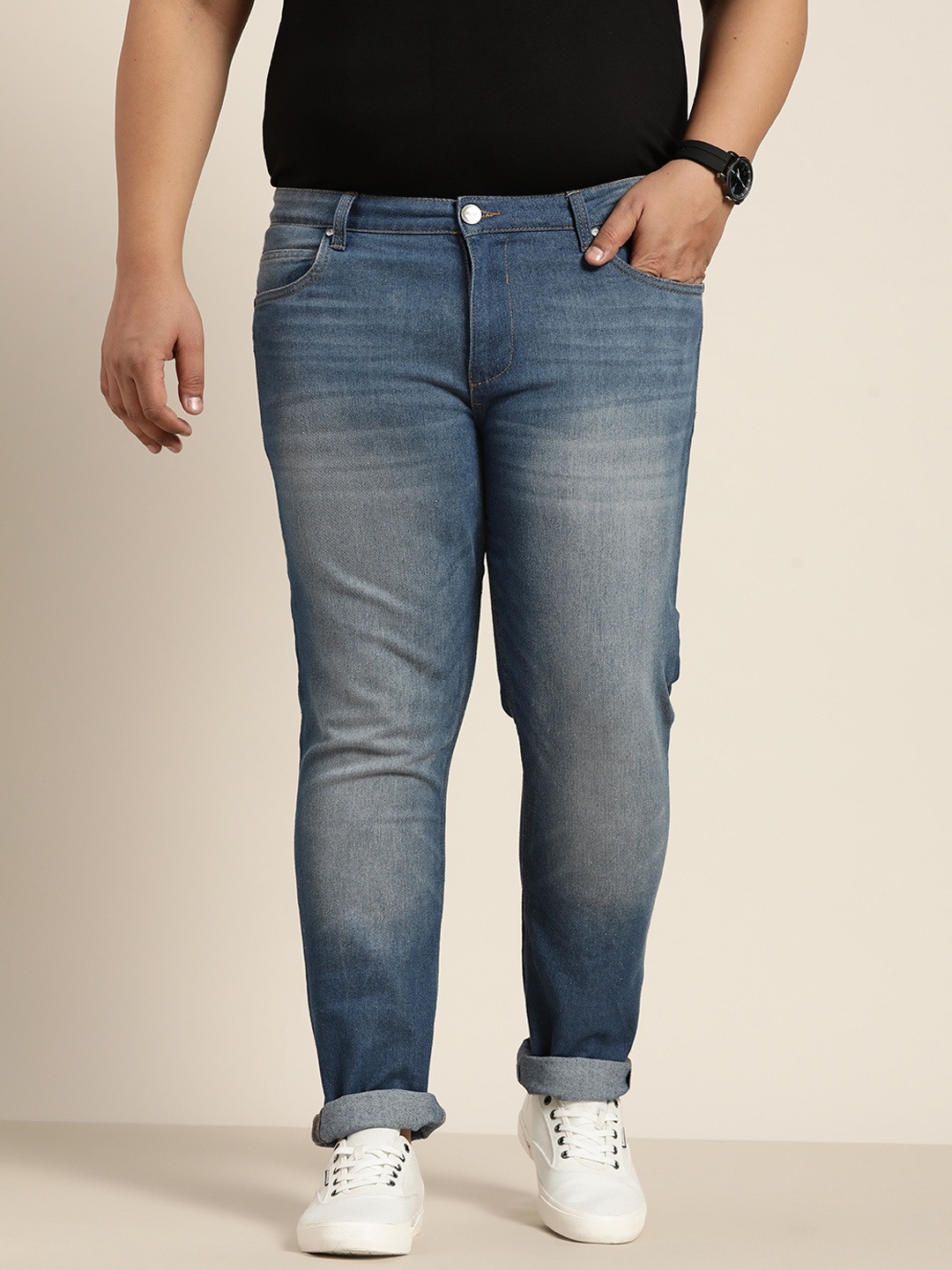 Sztori Men Plus Size Blue Slim Tapered Fit Heavy Fade Stretchable Jeans