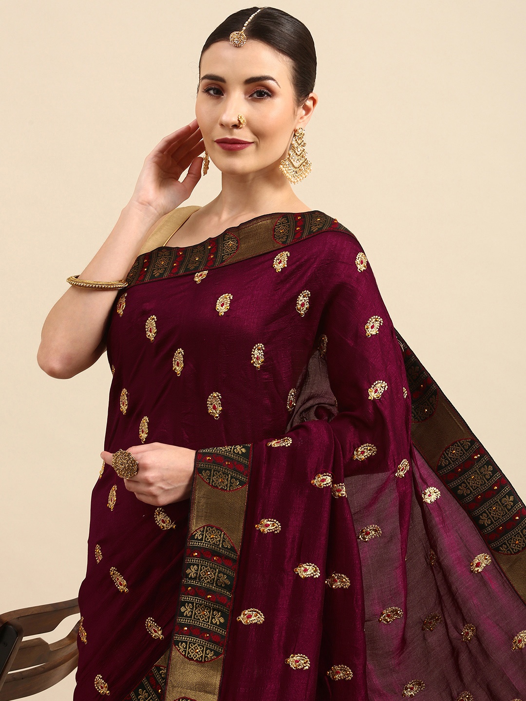 Anouk Magenta & Golden Paisley Embroidered Bhagalpuri Saree