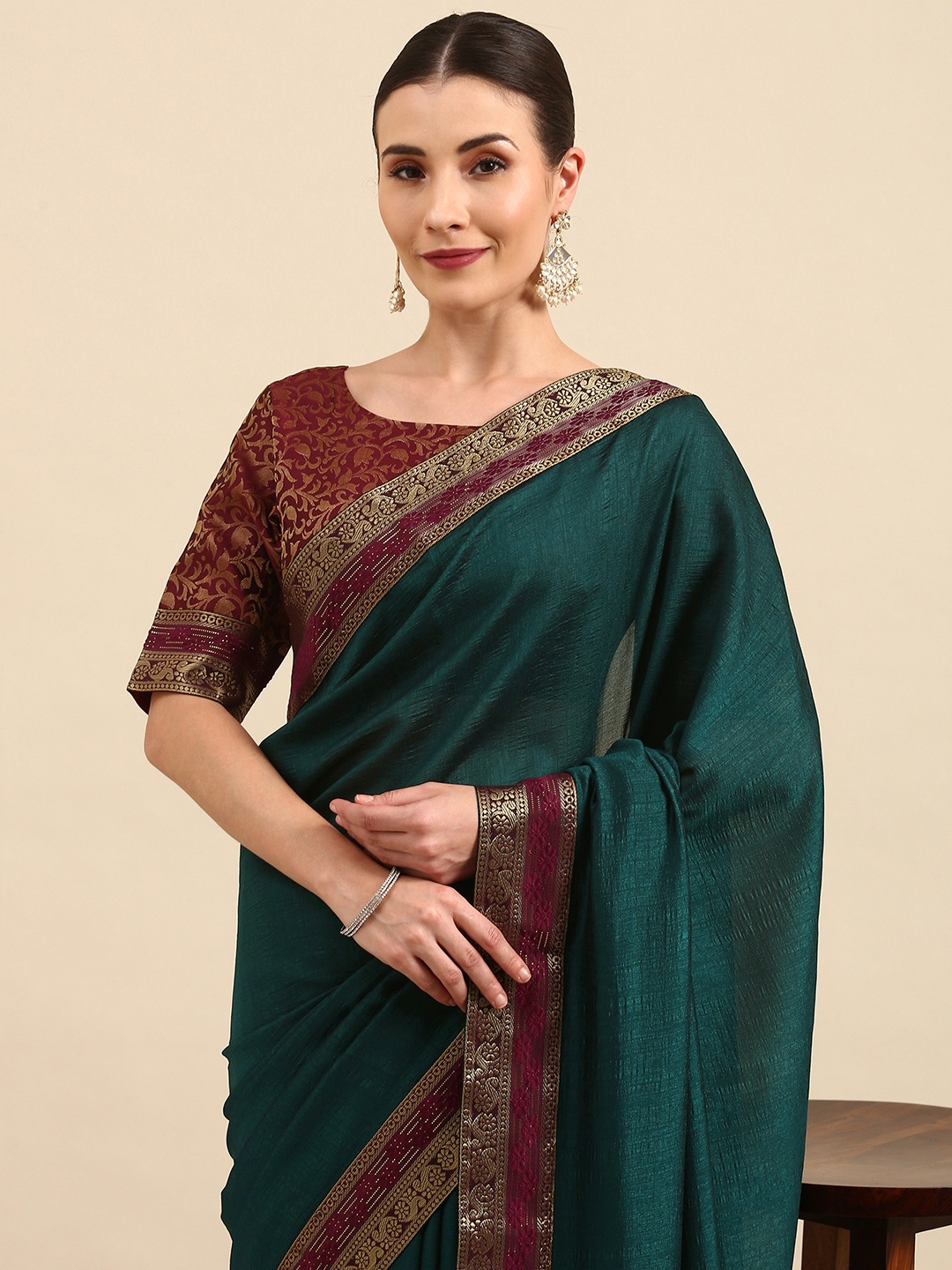 Anouk Teal Green Solid Bhagalpuri Saree