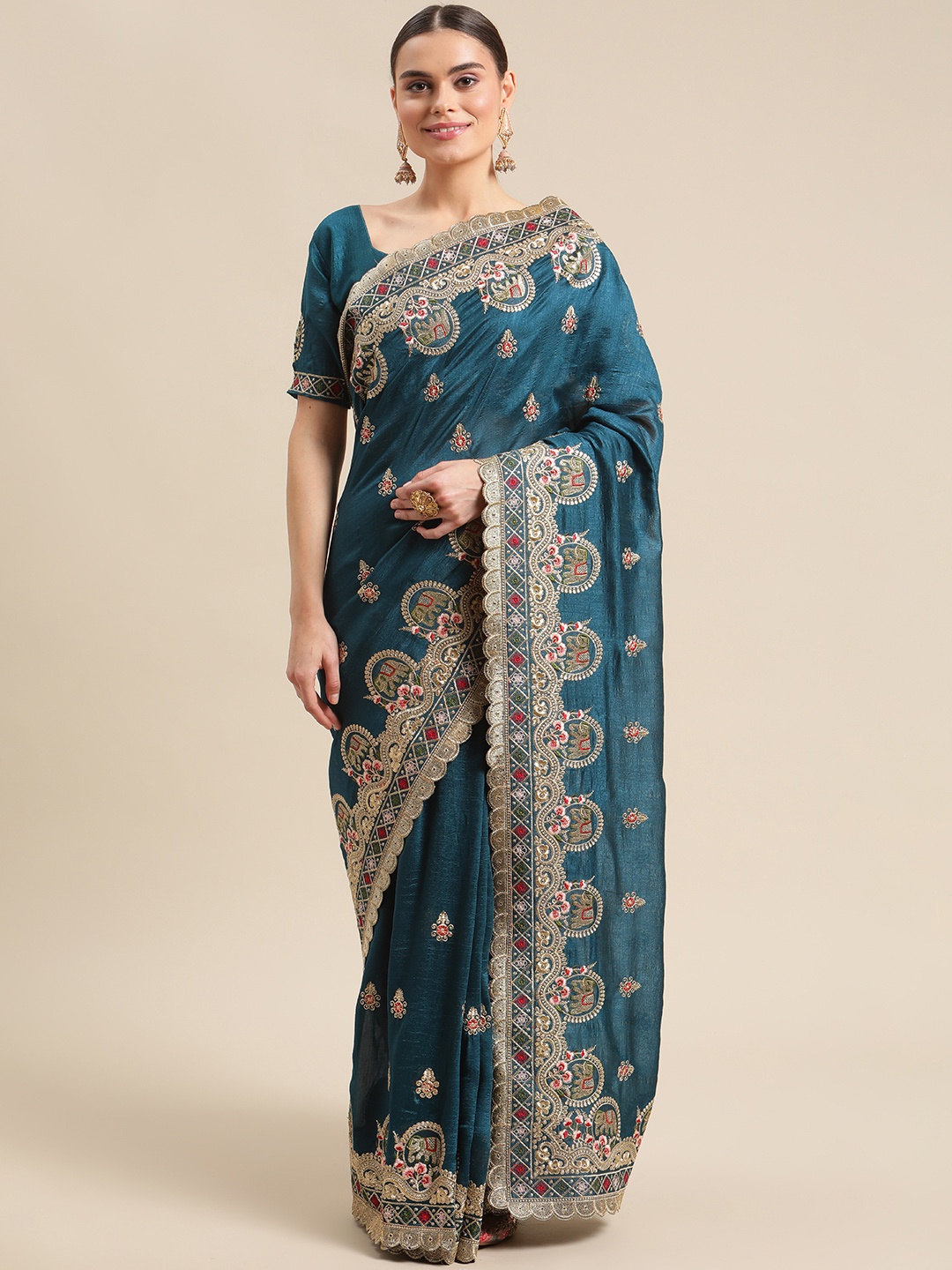 Fab Dadu Blue Ethnic Motifs Zari Silk Cotton Saree