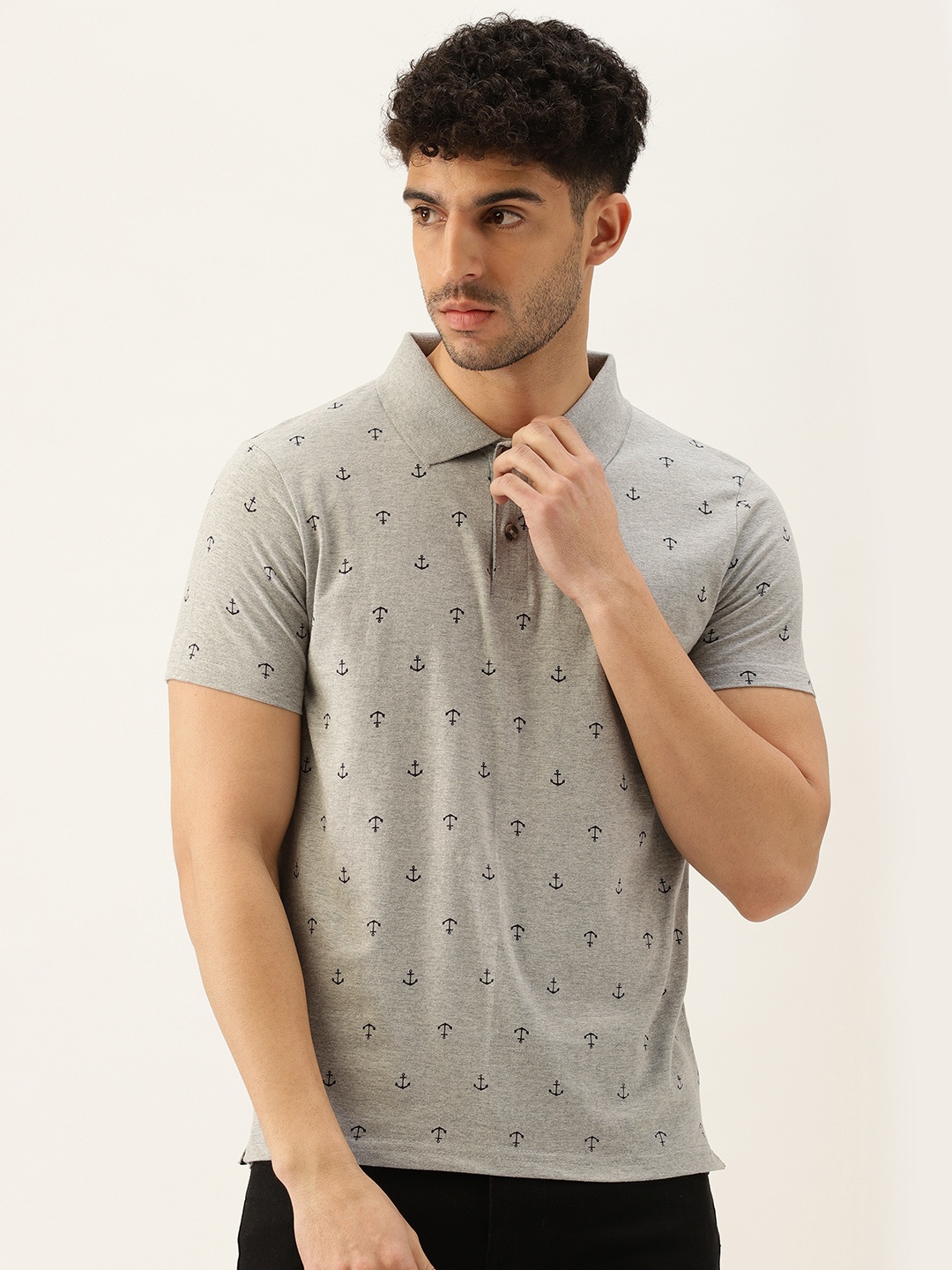 Kryptic Men Grey Melange & Black Conversational Printed Cotton Polo Collar T-shirt