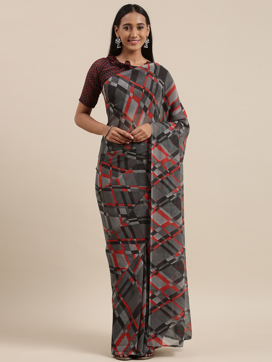 KALINI Grey & Red Checked Saree