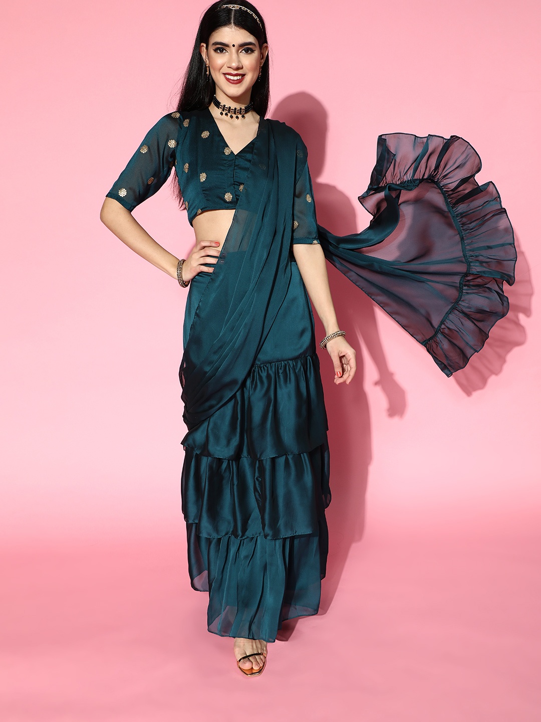 Inddus Women Teal Lehenga Saree with Blouse Piece