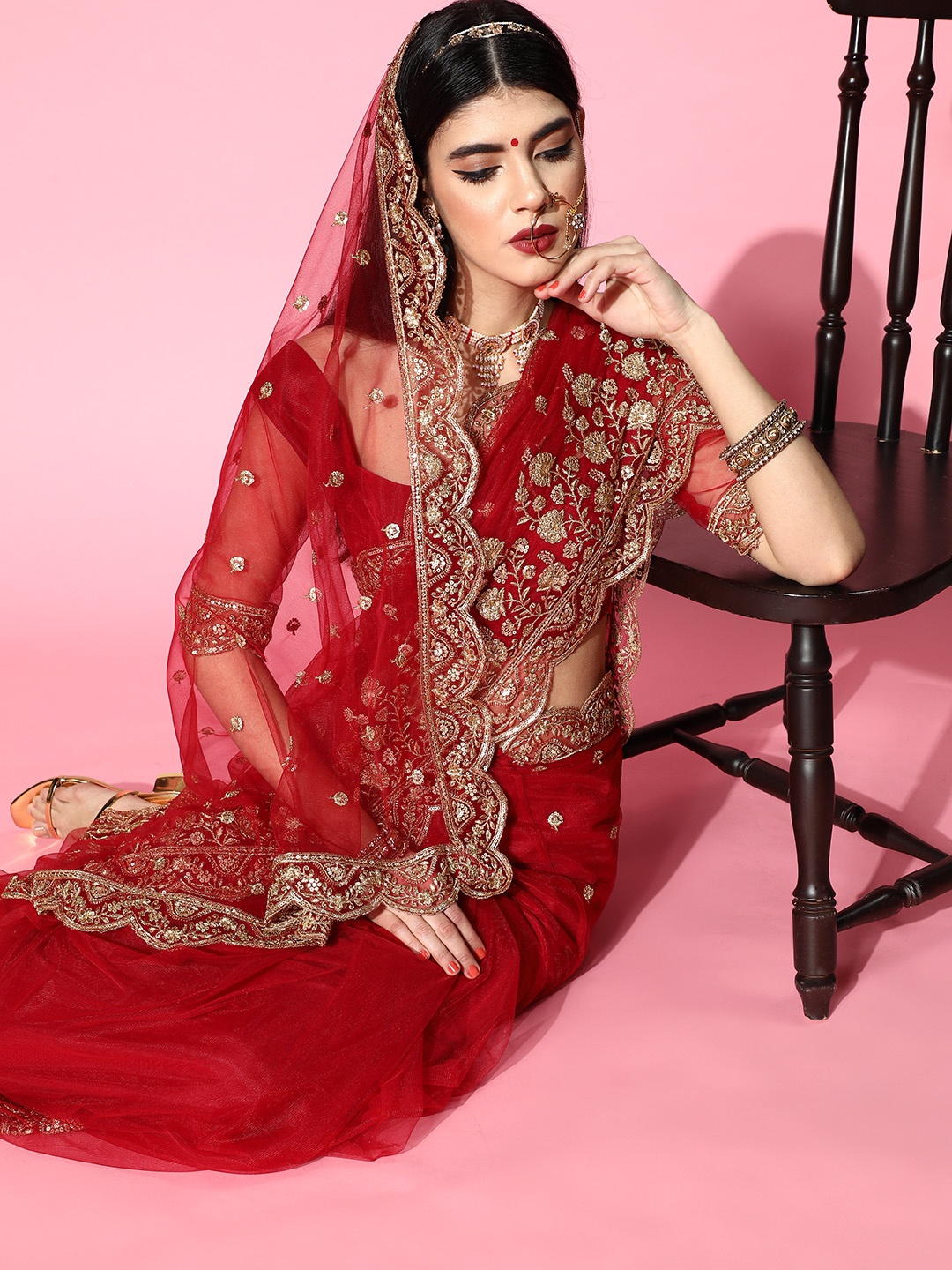 Inddus Embellished Saree with Embroidered Border, Red