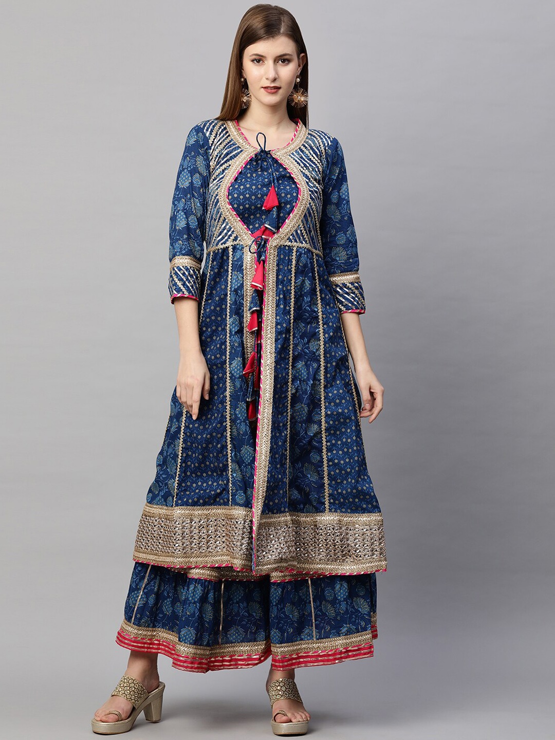 FASHOR Women Blue Floral Layered Gotta Patti Pure Cotton Kurta with Skirt With Jacket
FASHOR Women Blue Floral Layered Gotta Patti Pure Cotton Kurta with Skirt With Jacket