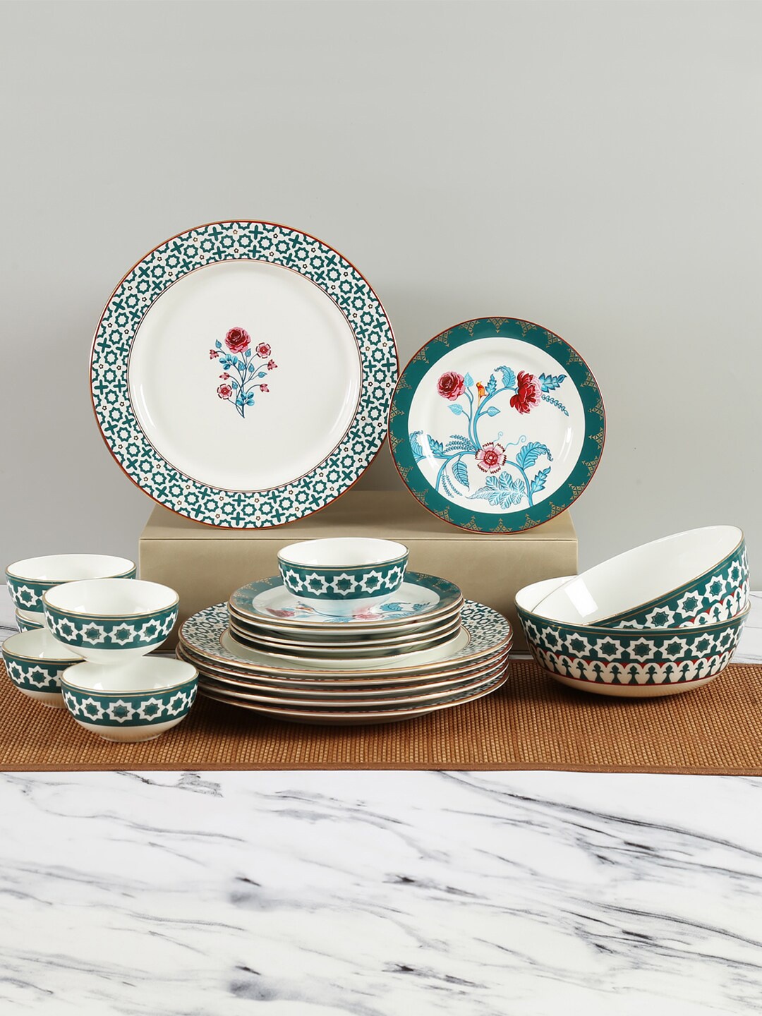 India Circus by Krsnaa Mehta White & Green 20 Pieces Floral Printed Bone China Glossy Dinner Set
India Circus by Krsnaa Mehta White & Green 20 Pieces Floral Printed Bone China Glossy Dinner Set