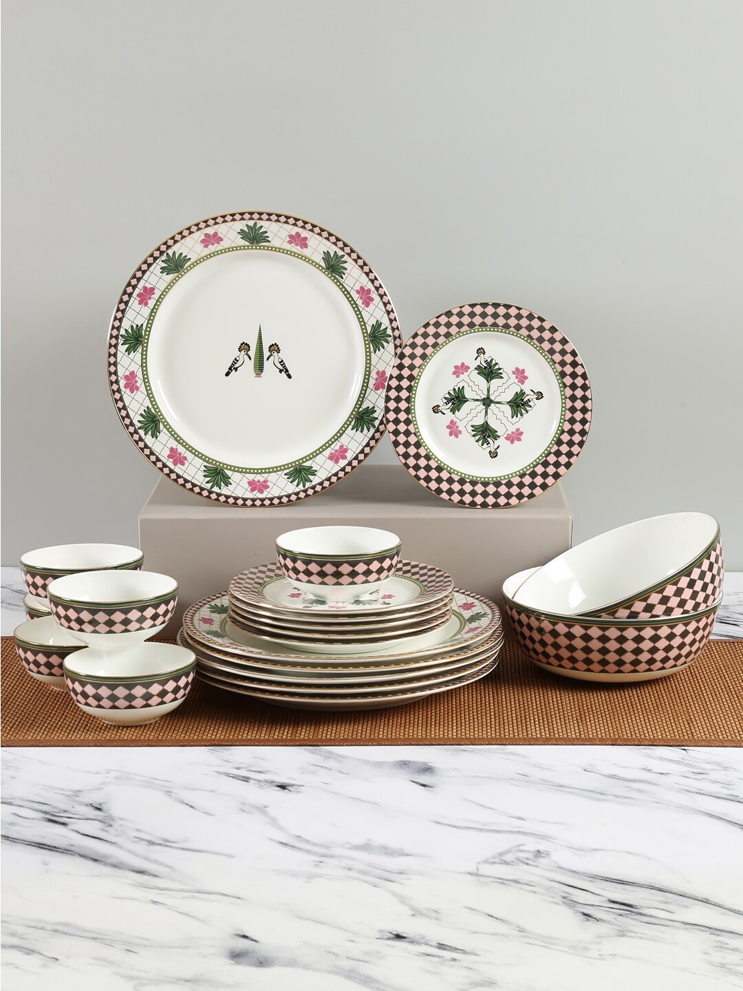 India Circus by Krsnaa Mehta Set Of 20 White & Green Printed Bone China Matte Dinner Set
India Circus by Krsnaa Mehta Set Of 20 White & Green Printed Bone China Matte Dinner Set