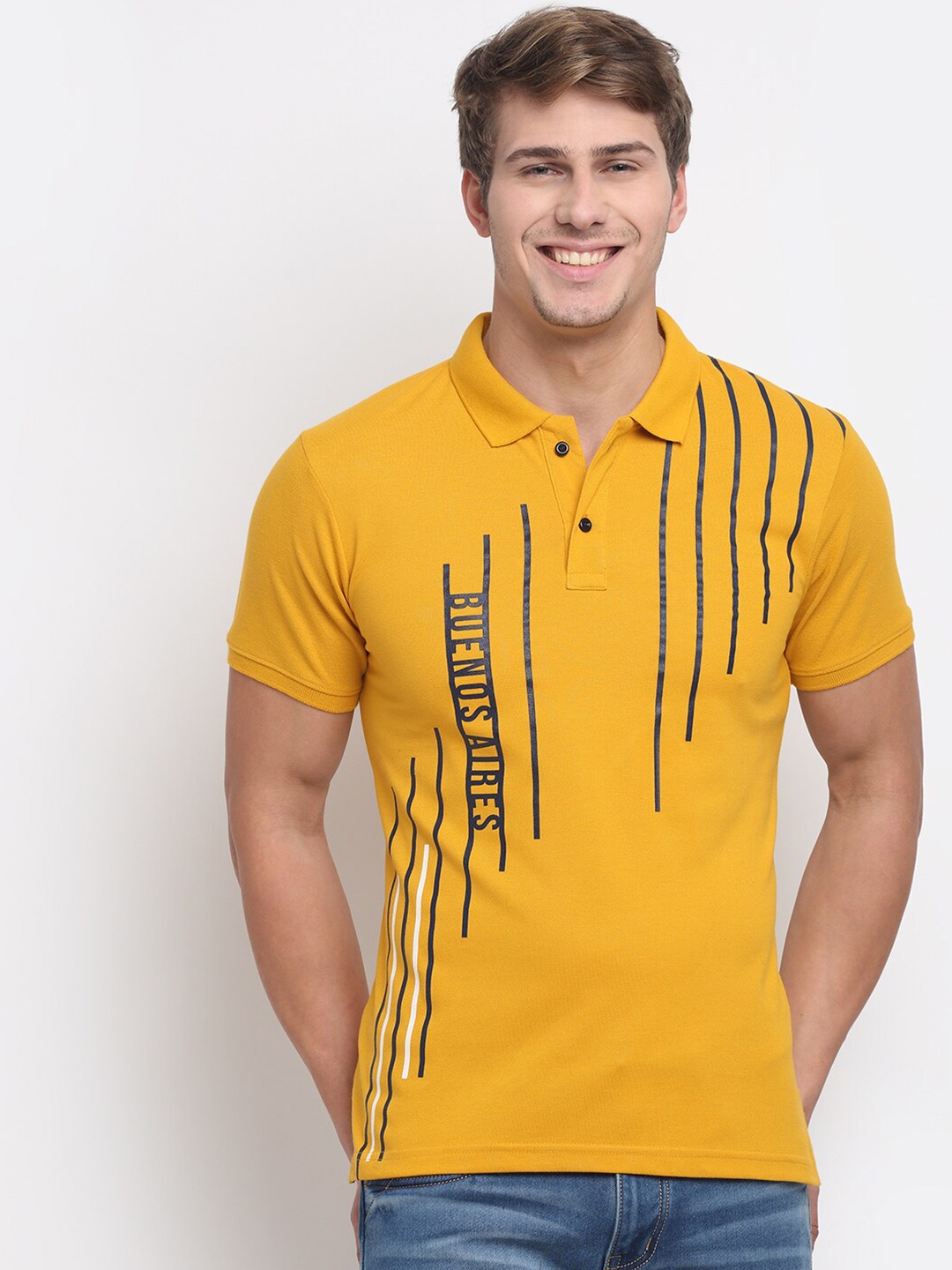 VENITIAN Men Mustard Yellow Typography Printed Polo Collar Raw Edge Slim Fit T-shirt
VENITIAN Men Mustard Yellow Typography Printed Polo Collar Raw Edge Slim Fit T-shirt