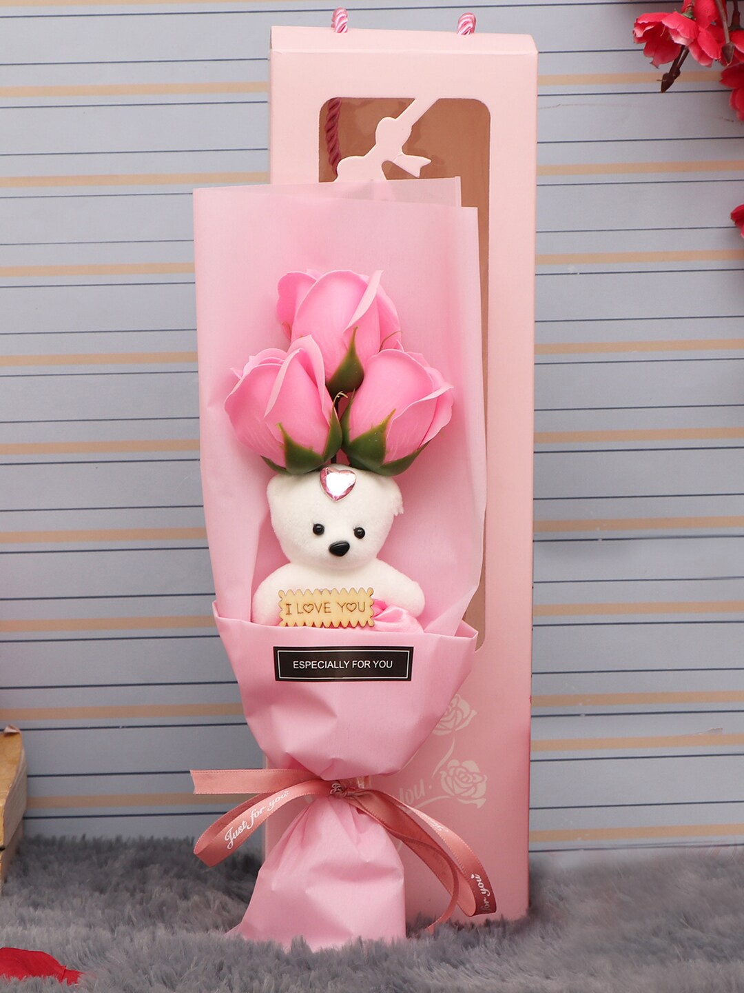 TIED RIBBONS Pink Artificial Rose Flower Bouquet with Mini Teddy Box Valentine Gift Set
TIED RIBBONS Pink Artificial Rose Flower Bouquet with Mini Teddy Box Valentine Gift Set